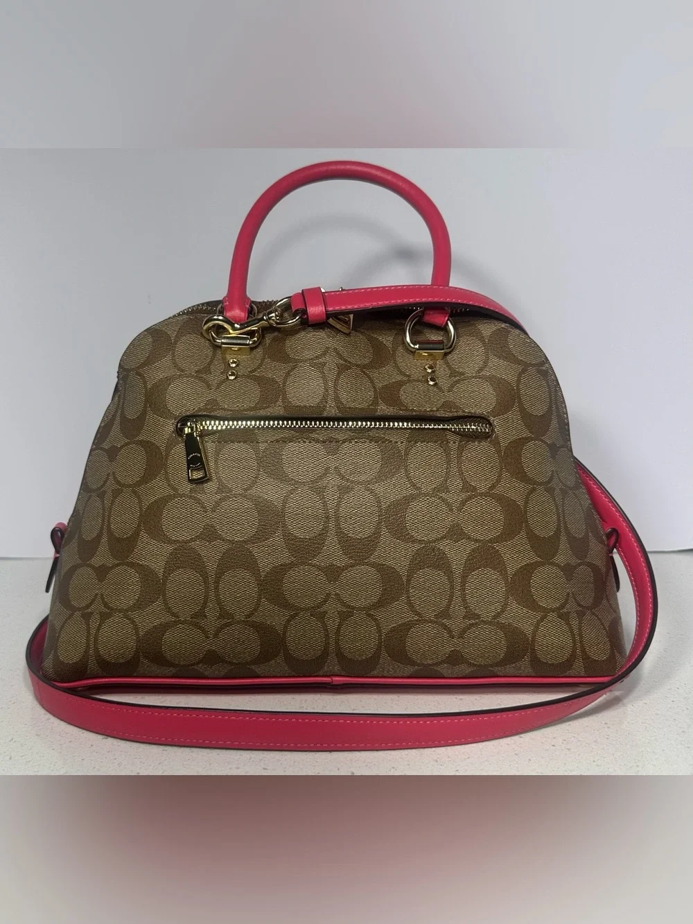 Coach 2020 Signature Katy Satchel Crossbody Handbag In Khaki Fuchsia. Like New! - Picture 2 of 9